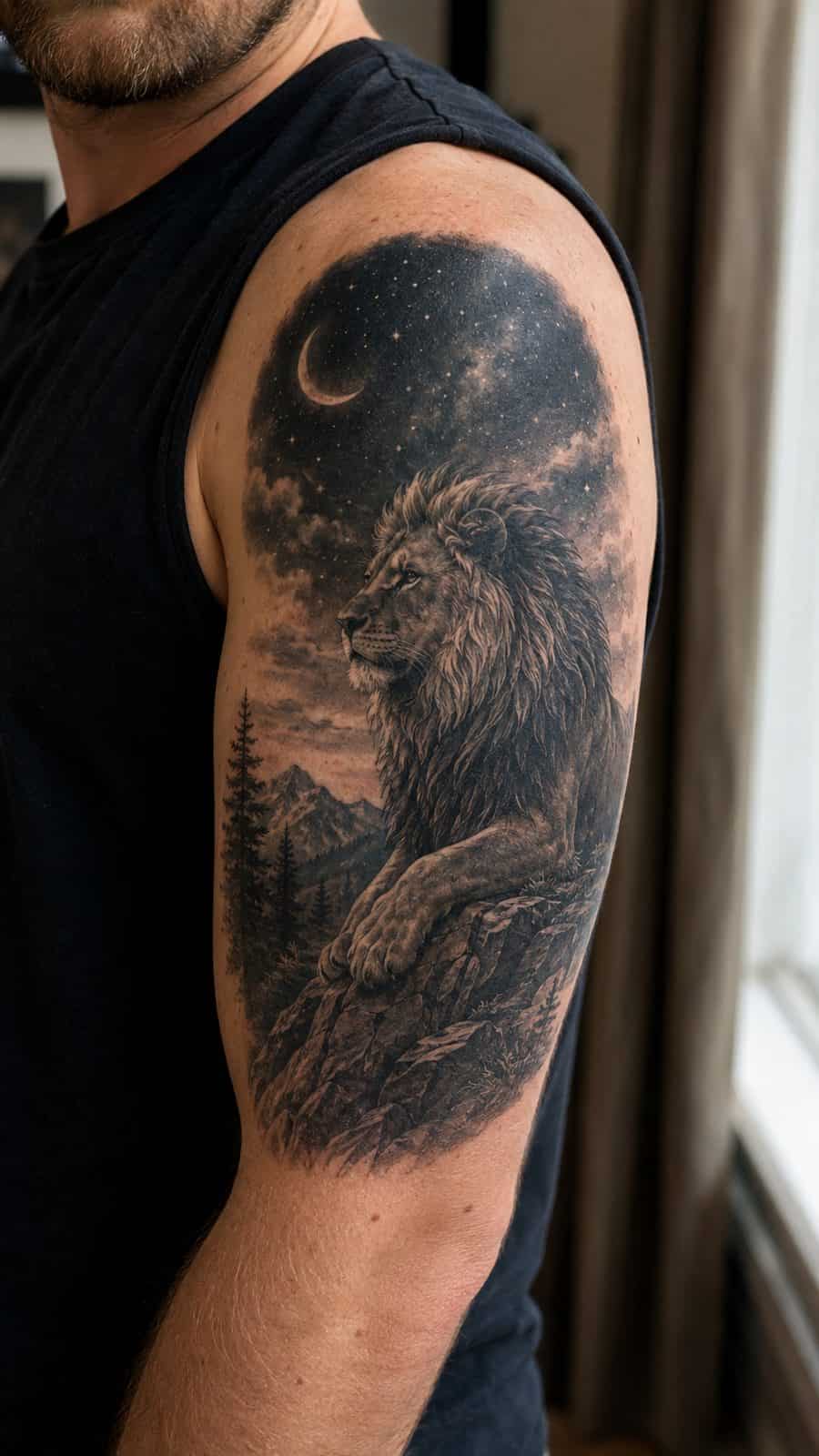 Unleash Your Inner Strength: 20 Male Lion Tattoo Ideas You Need to See 27 Healed night watch tattoo on a adult man's outer upper arm, photographed in a natural straight-on close view, a touch off-center like — study 1