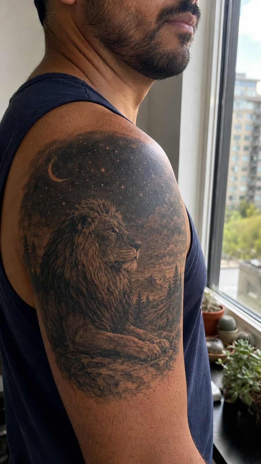 Unleash Your Inner Strength: 20 Male Lion Tattoo Ideas You Need to See 28 Healed night watch tattoo on a adult man's shoulder, photographed in a natural gentle side angle that clearly shows how the ink wraps — study 2
