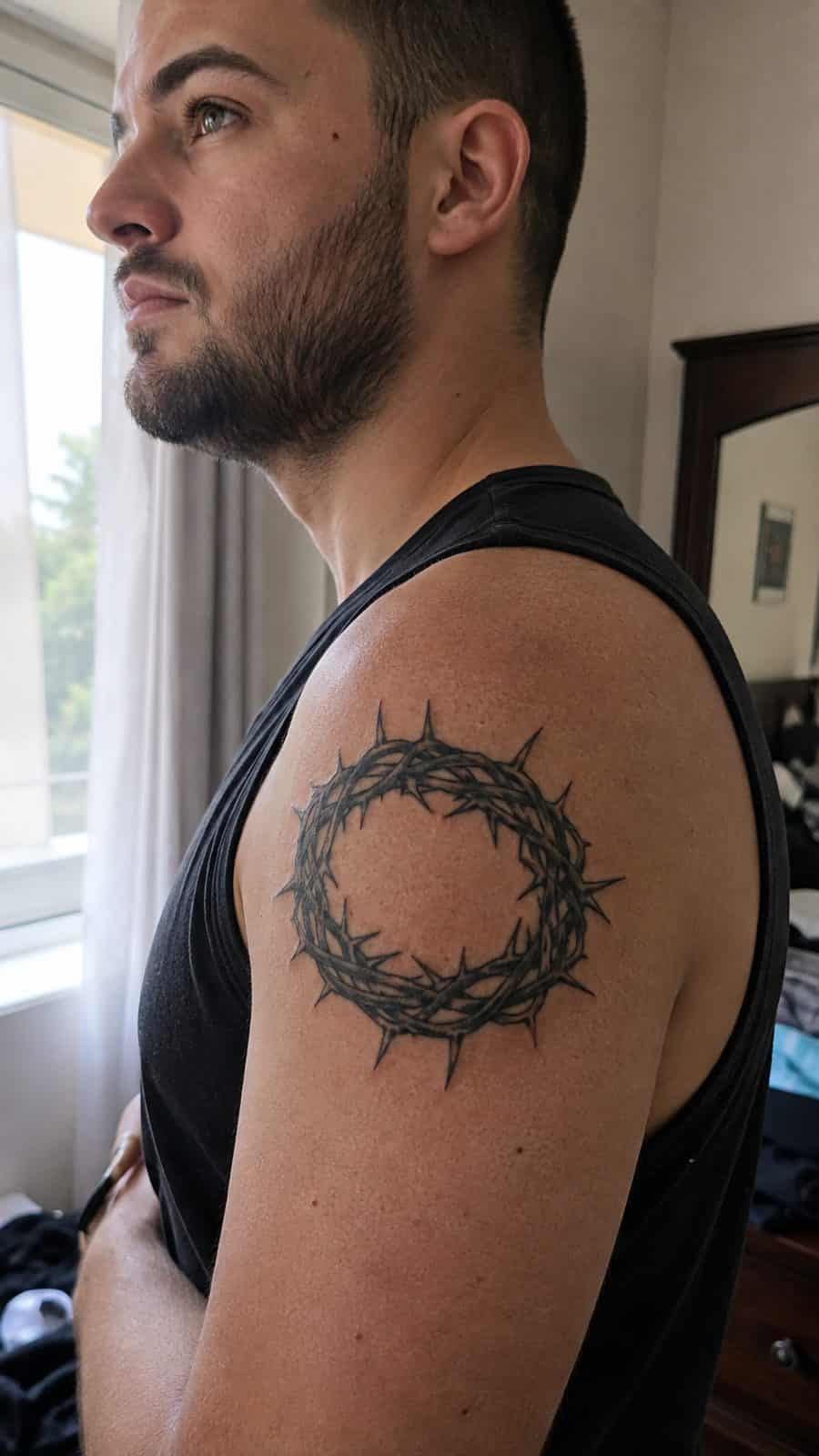 Unleash Your Inner Strength: 20 Male Lion Tattoo Ideas You Need to See 34 Healed crown of thorns tattoo on a adult man's shoulder, photographed in a natural waist-height candid close-up — study 1
