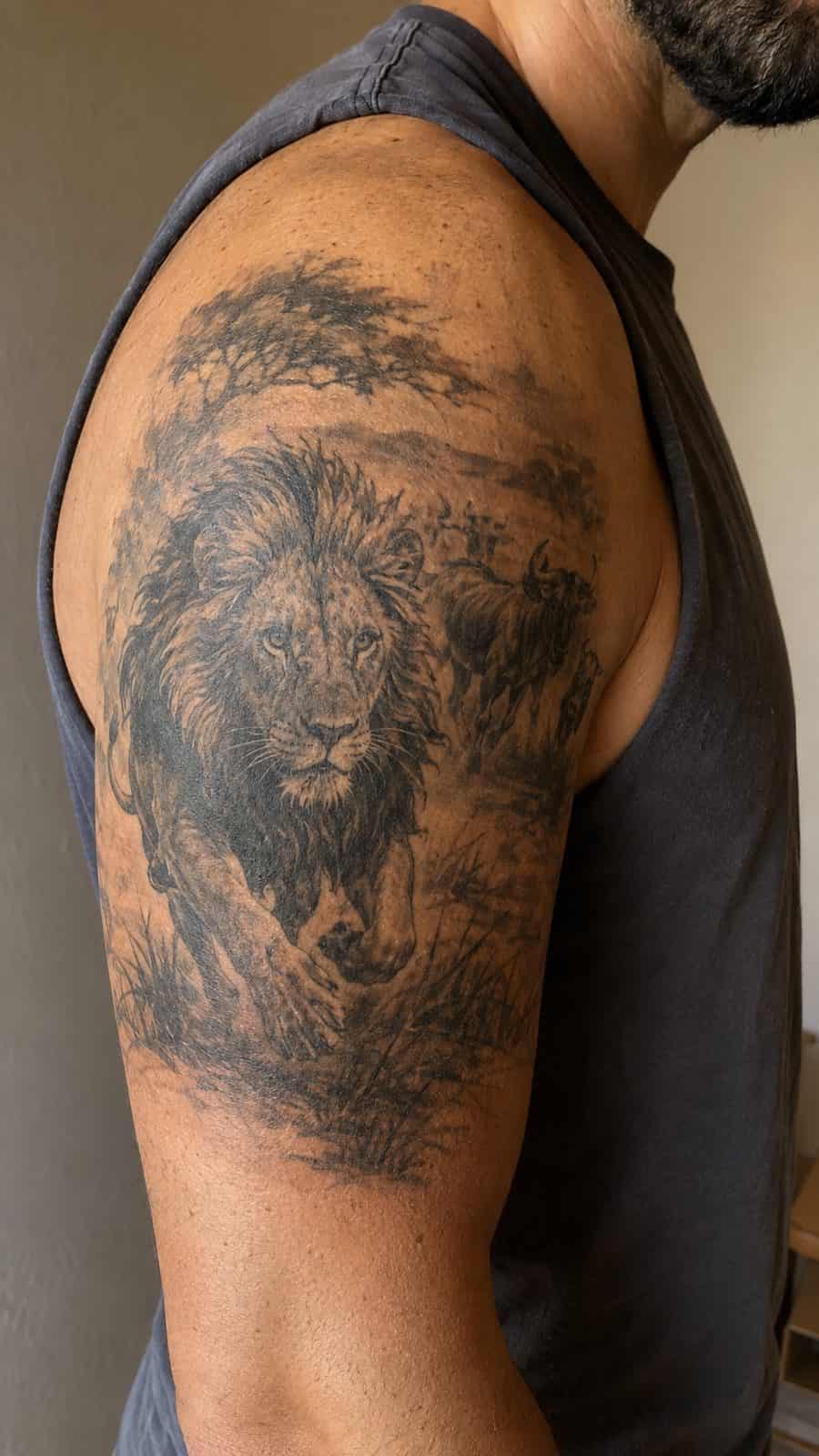 Unleash Your Inner Strength: 20 Male Lion Tattoo Ideas You Need to See 38 Healed the hunt tattoo on a adult man's shoulder, photographed in a natural slightly elevated close view — study 2