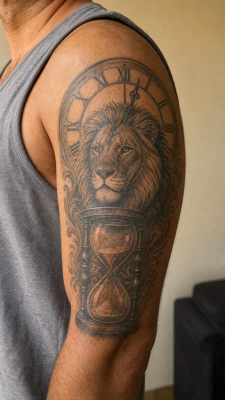 Unleash Your Inner Strength: 20 Male Lion Tattoo Ideas You Need to See 39 Healed guardians of time tattoo on a adult man's outer upper arm, photographed in a natural straight-on close view, a touch off-center — study 1