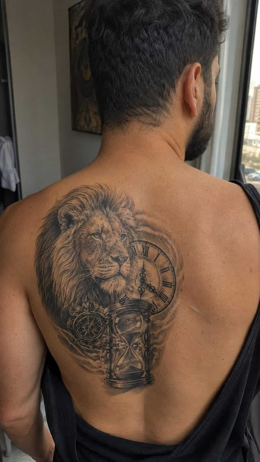 Unleash Your Inner Strength: 20 Male Lion Tattoo Ideas You Need to See 40 Healed guardians of time tattoo on a adult man's upper back, photographed in a natural gentle side angle that clearly shows how the — study 2
