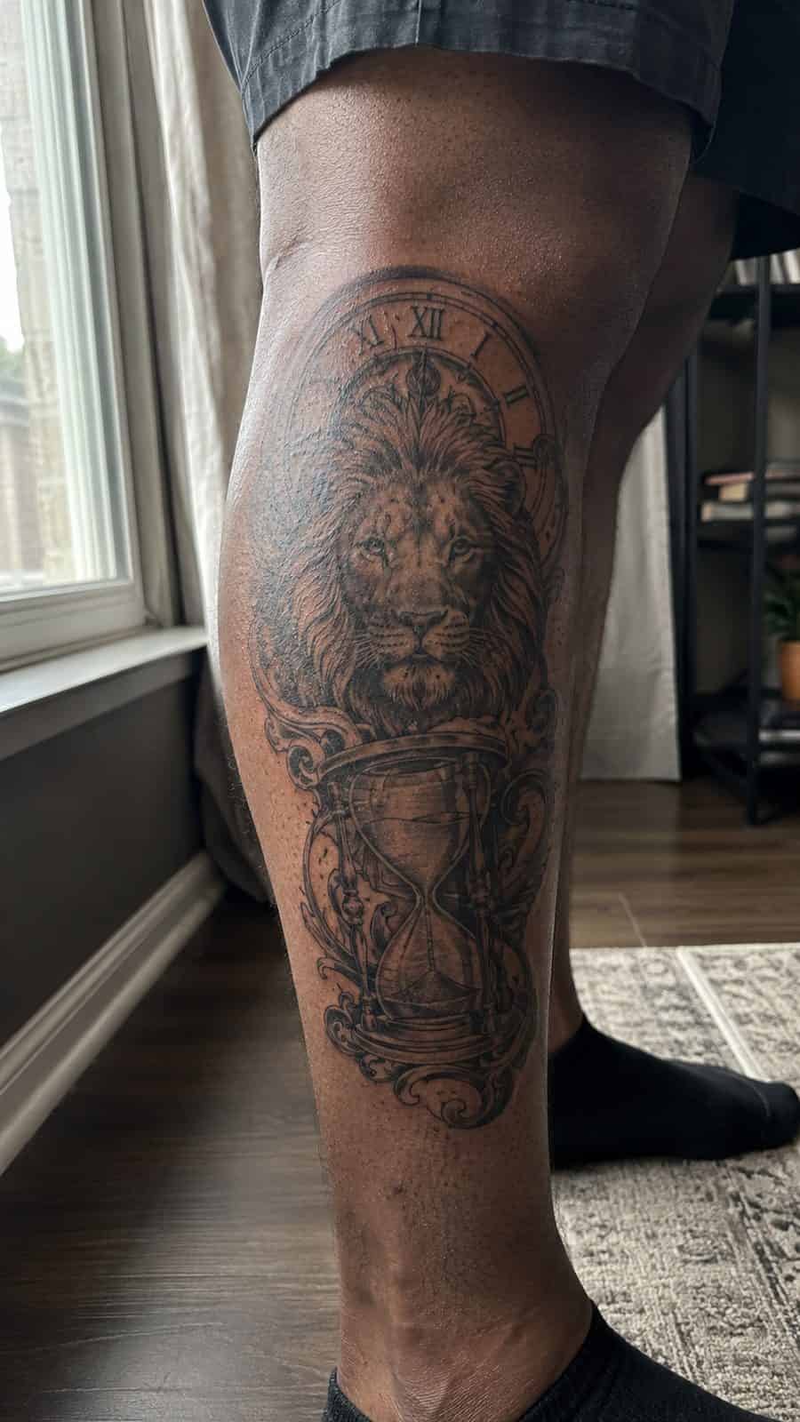 Unleash Your Inner Strength: 20 Male Lion Tattoo Ideas You Need to See 41 Healed guardians of time tattoo on a adult man's outer calf, photographed in a natural slightly elevated close view — study 3