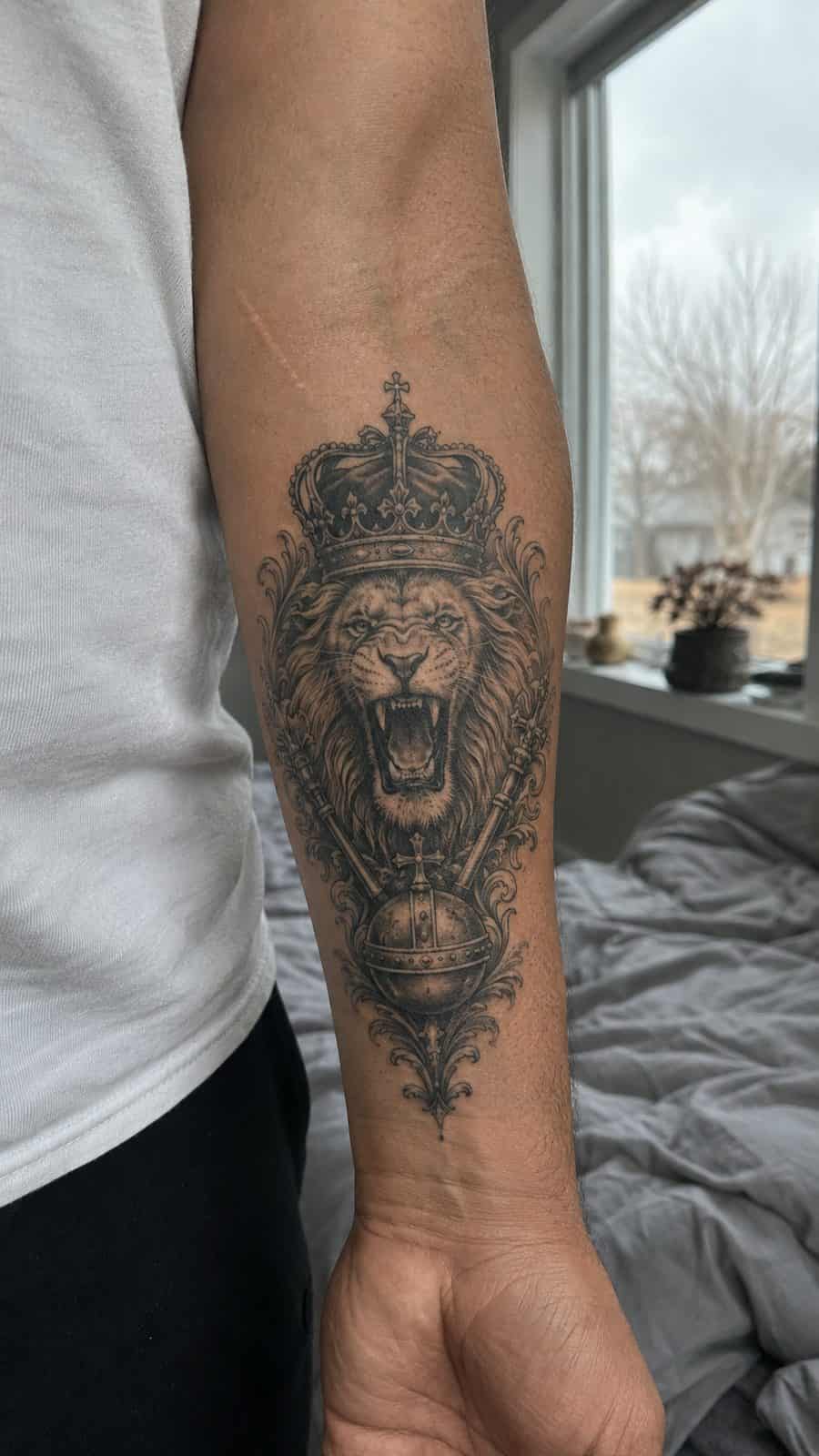 Unleash Your Inner Strength: 20 Male Lion Tattoo Ideas You Need to See 43 Healed the roaring monarch tattoo on a adult man's inner forearm, photographed in a natural straight-on close view, a touch off-center — study 2