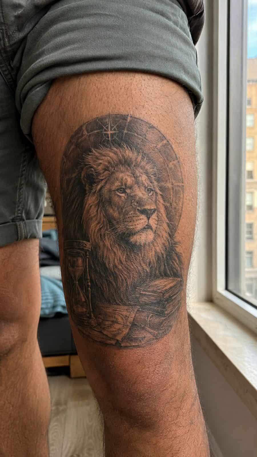 Unleash Your Inner Strength: 20 Male Lion Tattoo Ideas You Need to See 45 Healed wisdom of the ages tattoo on a adult man's outer thigh, photographed in a natural relaxed documentary crop — study 2