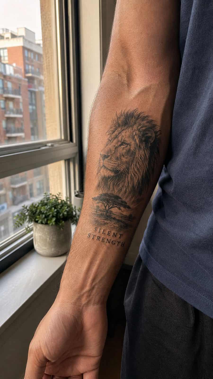Unleash Your Inner Strength: 20 Male Lion Tattoo Ideas You Need to See 48 Healed silent strength tattoo on a adult man's inner forearm, photographed in a natural gentle side angle that clearly shows how the — study 1