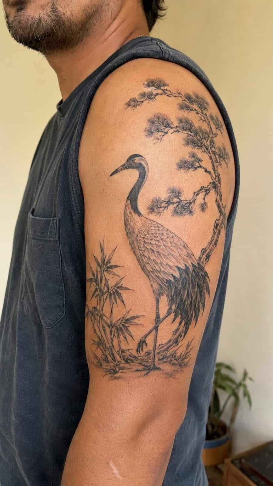 16 Japanese Tattoo Ideas for Men That Stand Out 36 Healed the elegant crane tattoo on a adult man's outer upper arm, photographed in a natural casual close three-quarter view — study 2