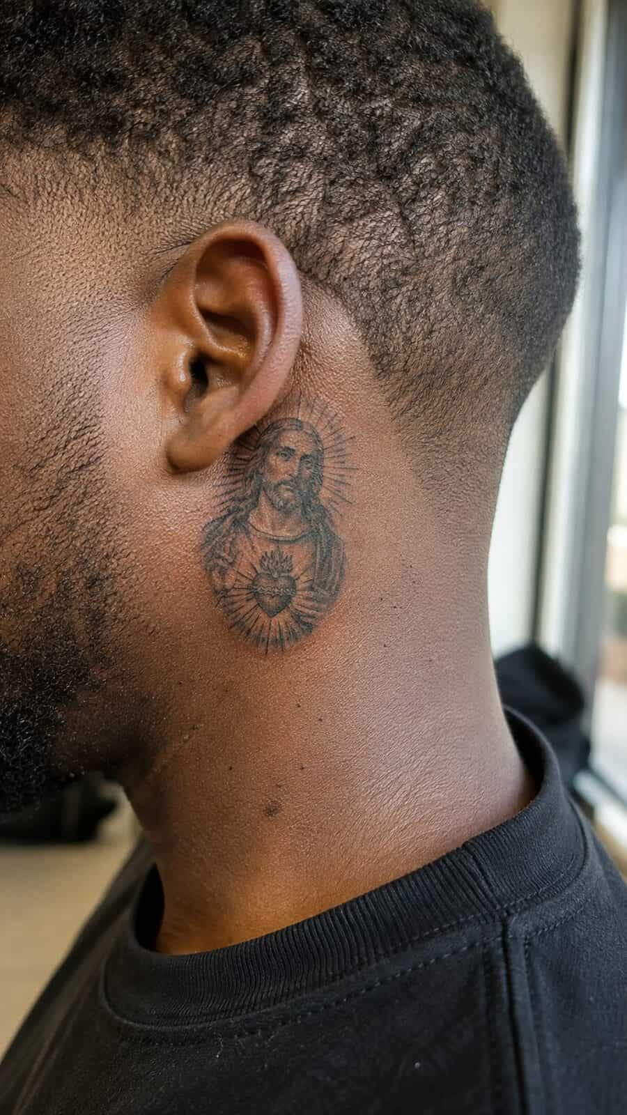 Exploring 18 Profound Jesus Tattoo Ideas for the Modern Man 2 Healed jesus and the sacred heart tattoo on a adult man's behind the ear, photographed in a natural straight-on close view, a touch — study 1
