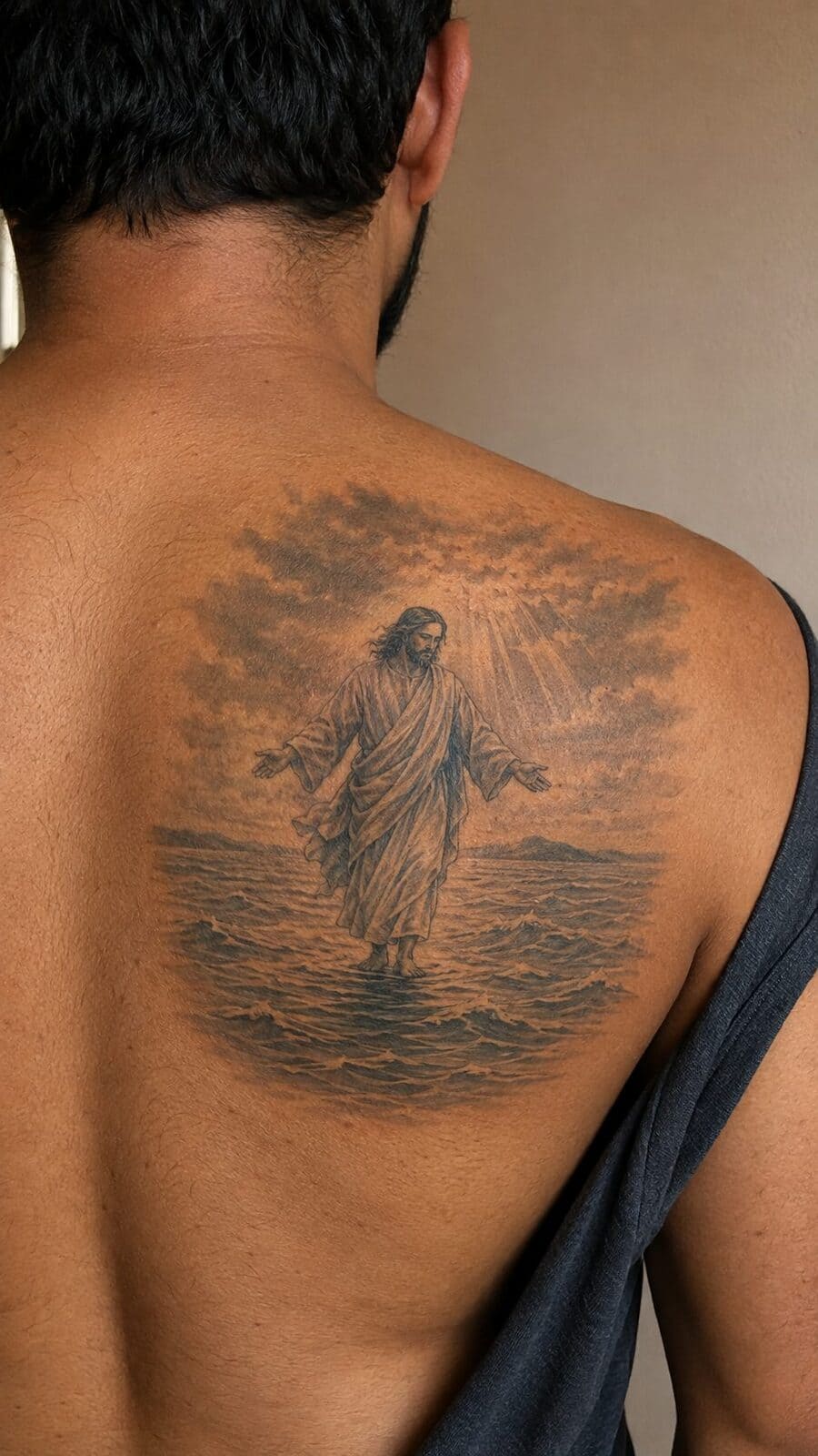 Exploring 18 Profound Jesus Tattoo Ideas for the Modern Man 6 Healed jesus walking on water tattoo on a adult man's upper back, photographed in a natural slightly elevated close view — study 1