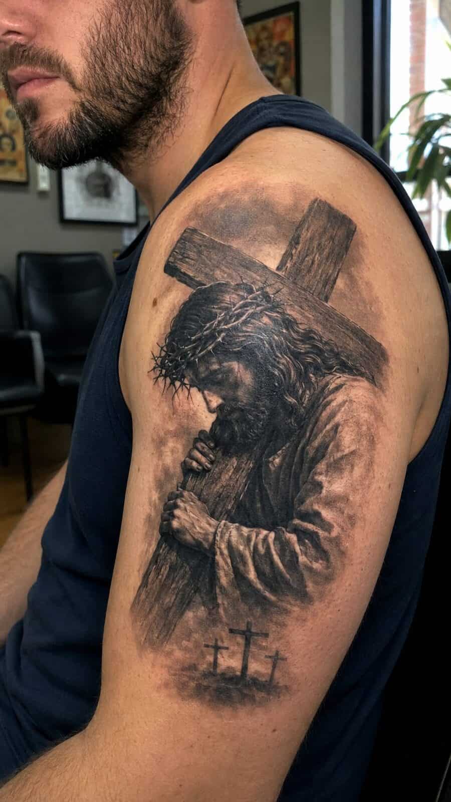 Exploring 18 Profound Jesus Tattoo Ideas for the Modern Man 15 Healed jesus with the cross tattoo on a adult man's shoulder, photographed in a natural gentle side angle that clearly shows how the — study 3