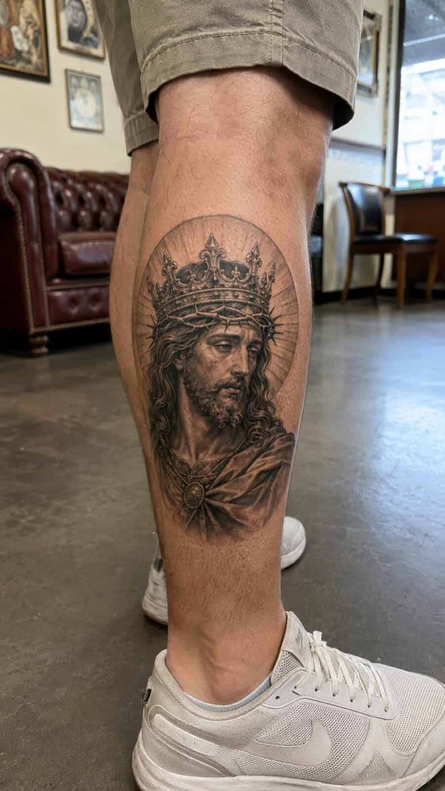 Exploring 18 Profound Jesus Tattoo Ideas for the Modern Man 22 Healed jesus crowned as king tattoo on a adult man's outer calf, photographed in a natural waist-height candid close-up — study 1