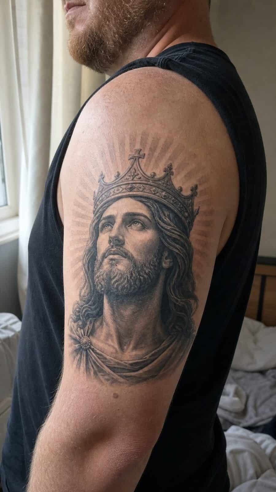 Exploring 18 Profound Jesus Tattoo Ideas for the Modern Man 23 Healed jesus crowned as king tattoo on a adult man's outer upper arm, photographed in a natural relaxed documentary crop — study 2