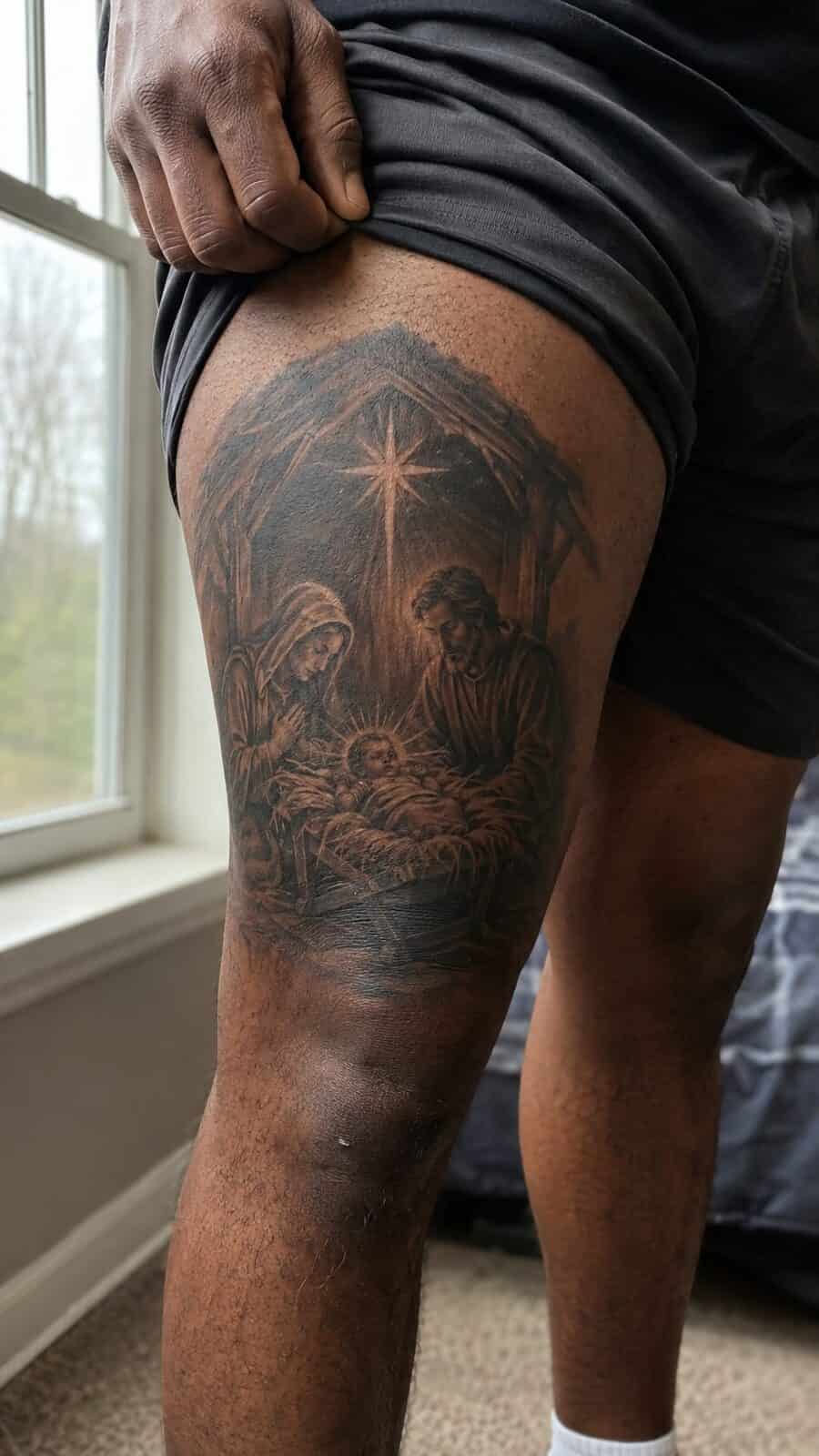 Exploring 18 Profound Jesus Tattoo Ideas for the Modern Man 25 Healed jesus in the manger tattoo on a adult man's outer thigh, photographed in a natural casual close three-quarter view — study 2
