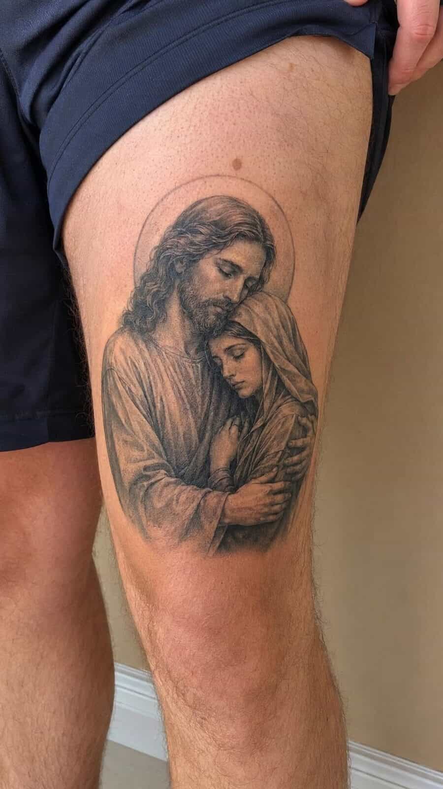 Exploring 18 Profound Jesus Tattoo Ideas for the Modern Man 29 Healed jesus and mary tattoo on a adult man's outer thigh, photographed in a natural straight-on close view, a touch off-center like a — study 1