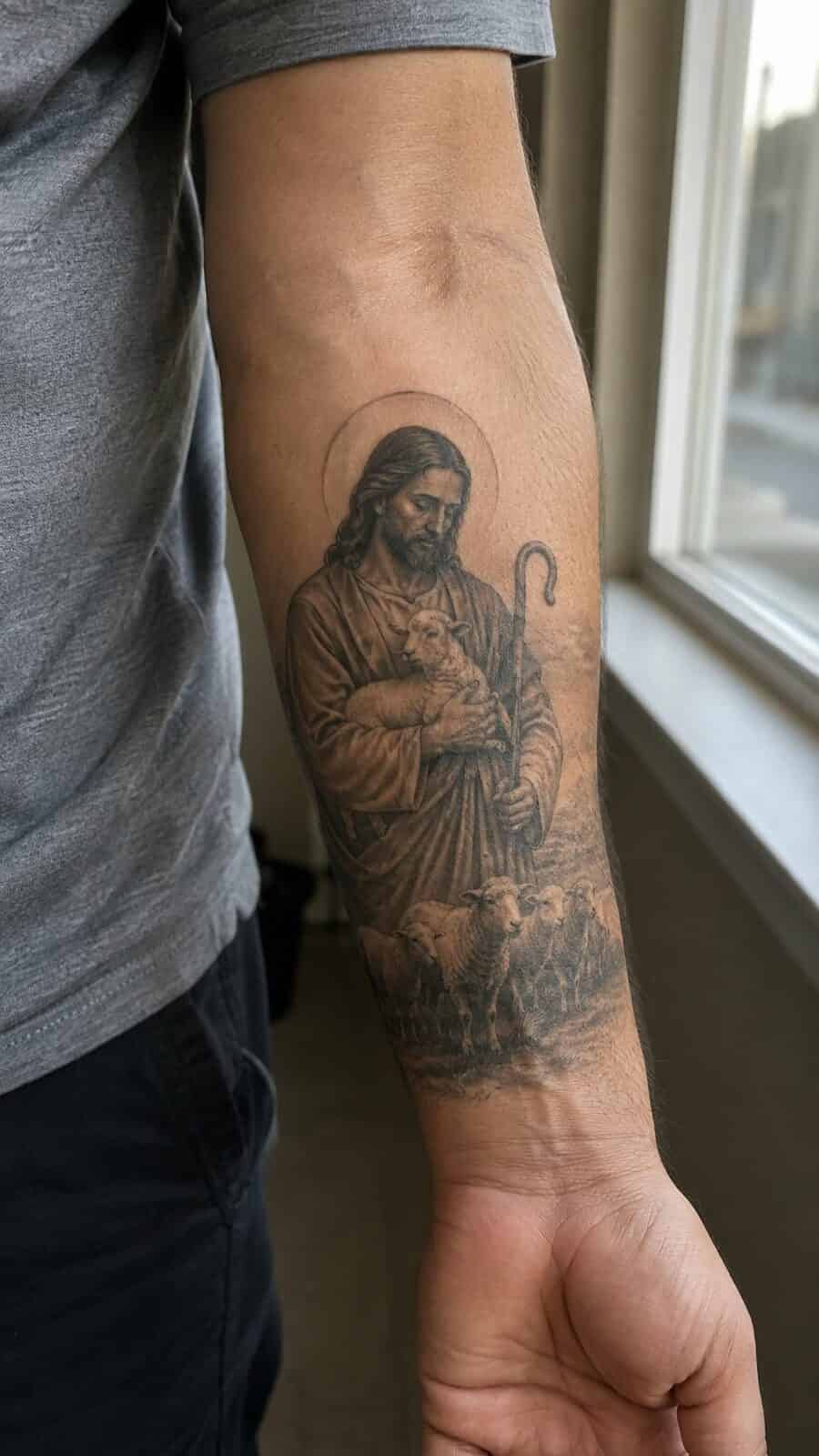 Exploring 18 Profound Jesus Tattoo Ideas for the Modern Man 32 Healed jesus as the good shepherd tattoo on a adult man's inner forearm, photographed in a natural gentle side angle that clearly — study 2