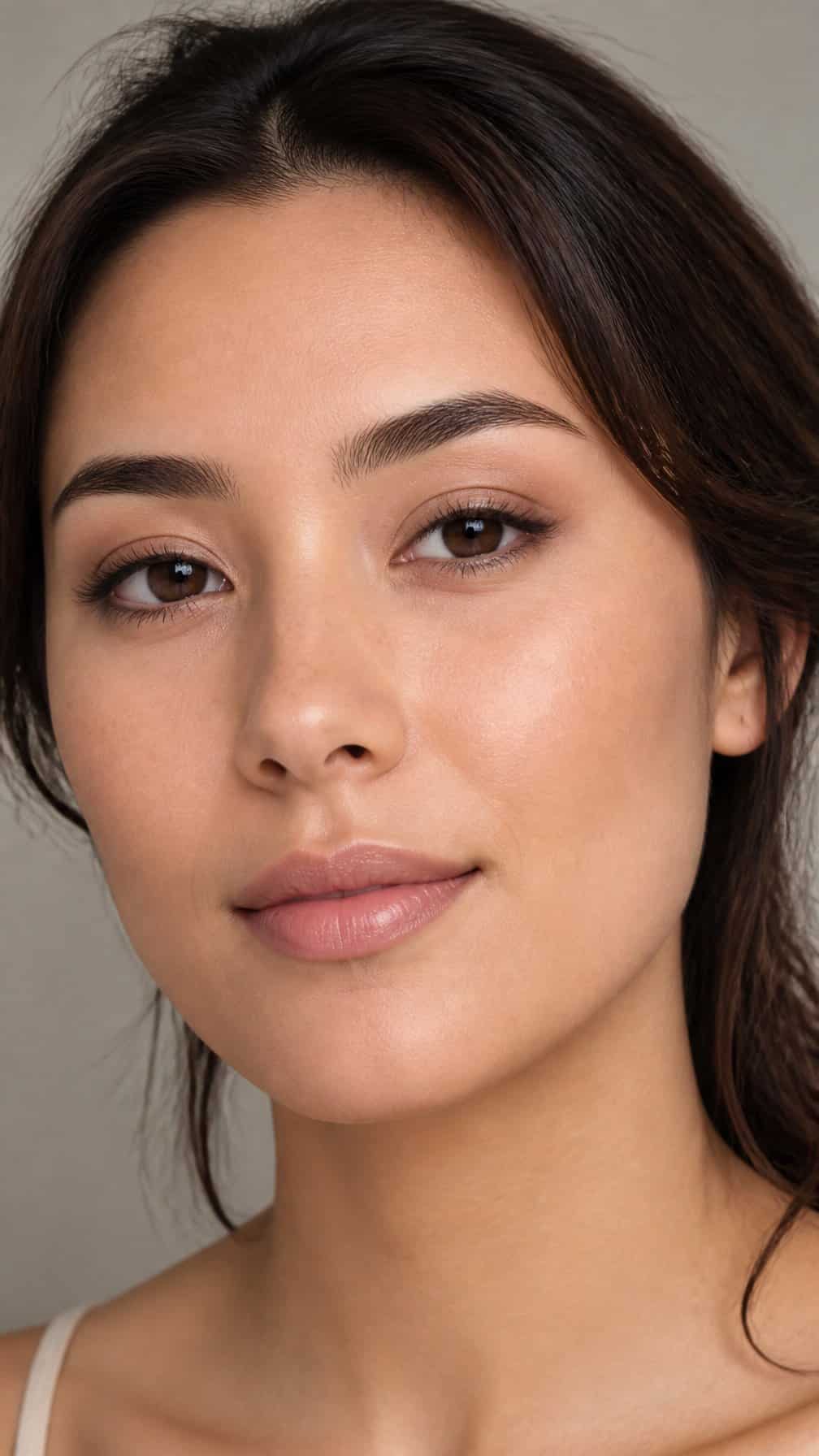 Close-up portrait of a person wearing soft taupe eye makeup.