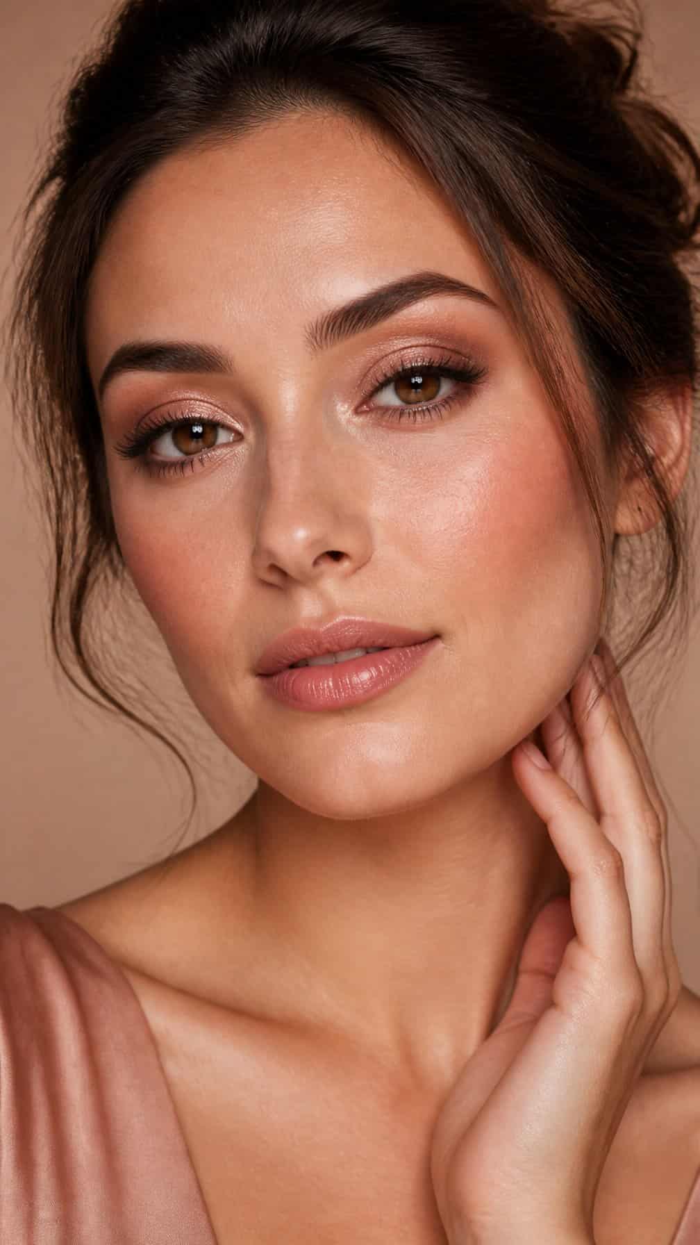 Close-up portrait of a woman wearing taupe eyeshadow with a rose-gold highlight.