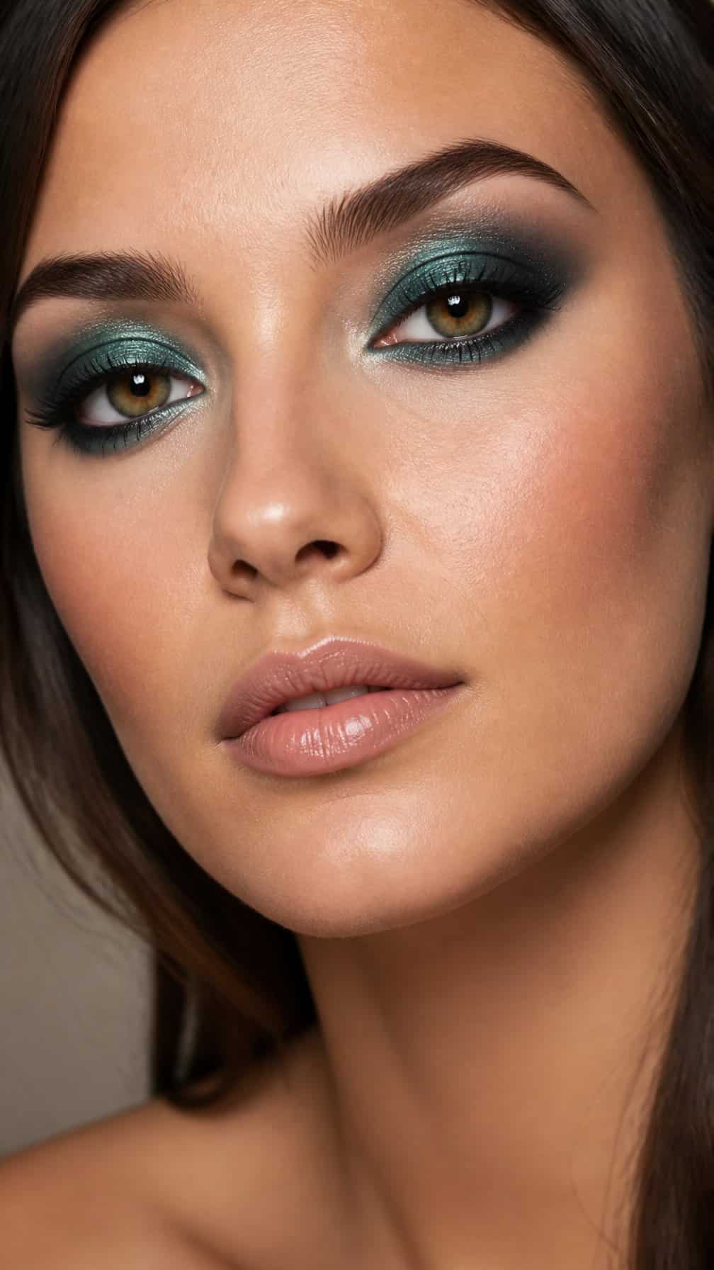 Close-up portrait of a woman wearing teal smokey eye makeup.