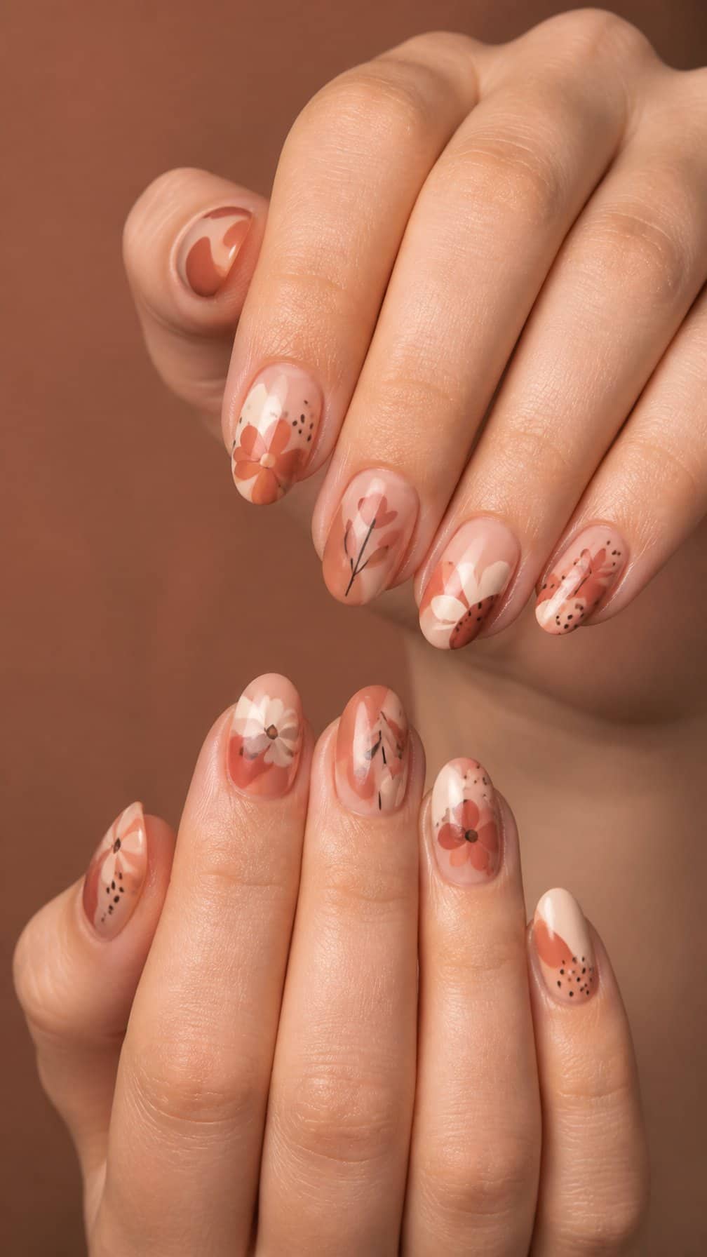 Close-up of hands displaying terracotta-colored nails with abstract flower designs.