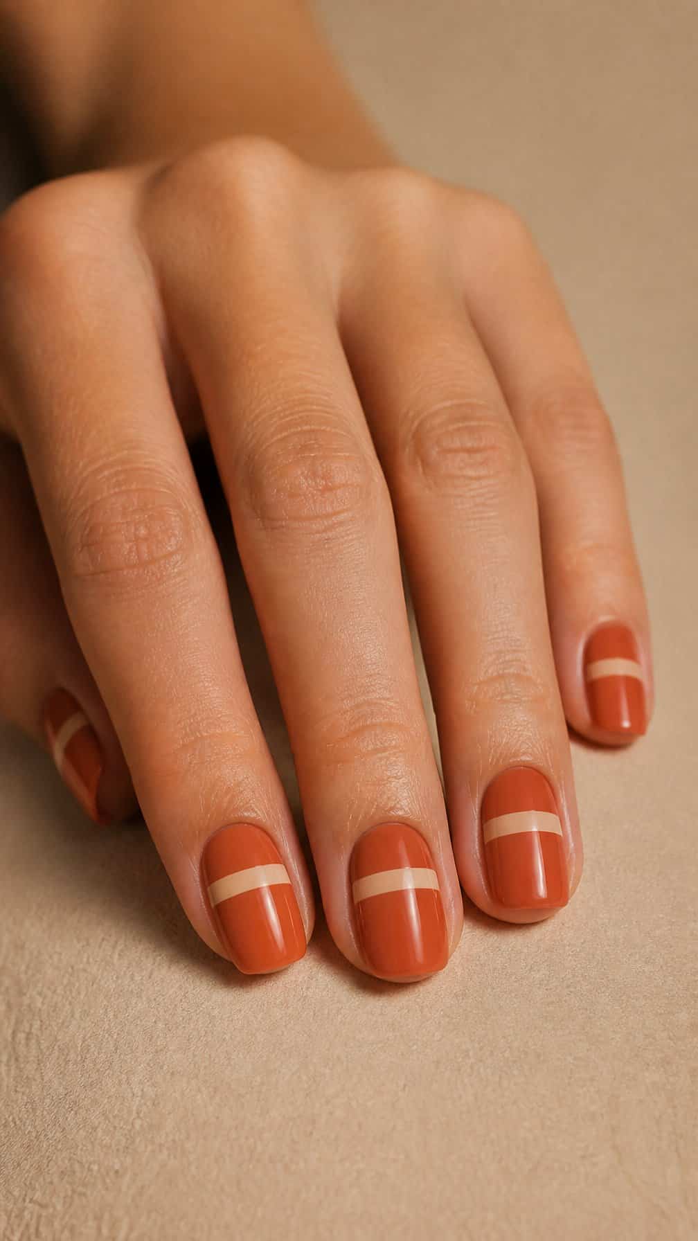 A hand with terracotta-colored nails featuring beige horizontal stripes.