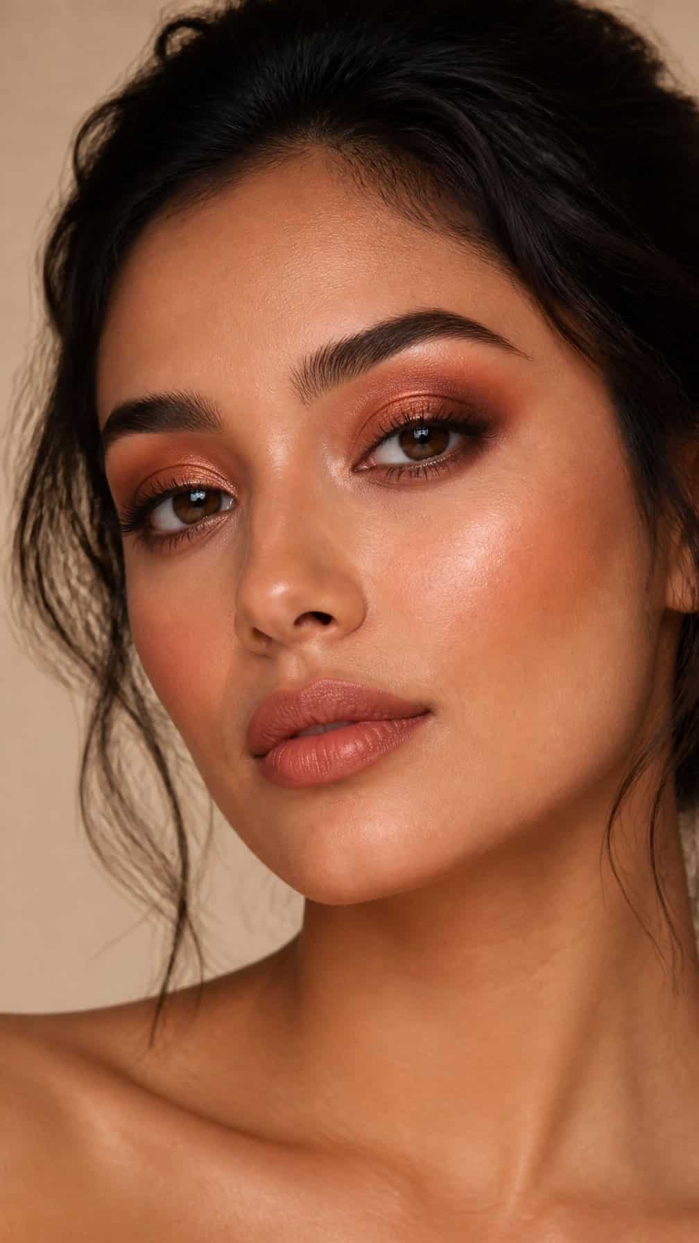 Close-up portrait of a woman wearing warm terracotta smokey eye makeup.