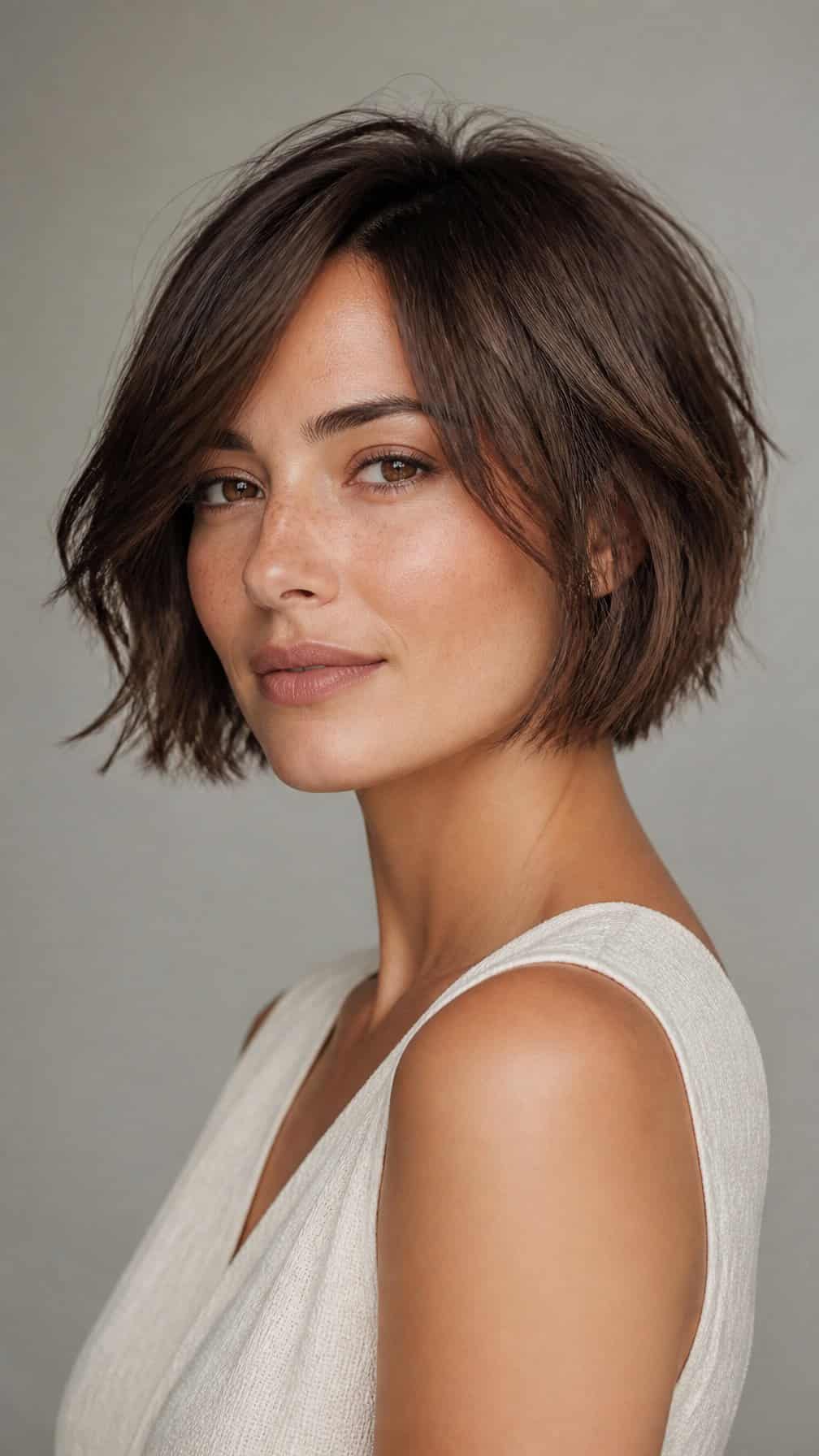 A woman with a softly layered textured bob haircut poses against a neutral background.