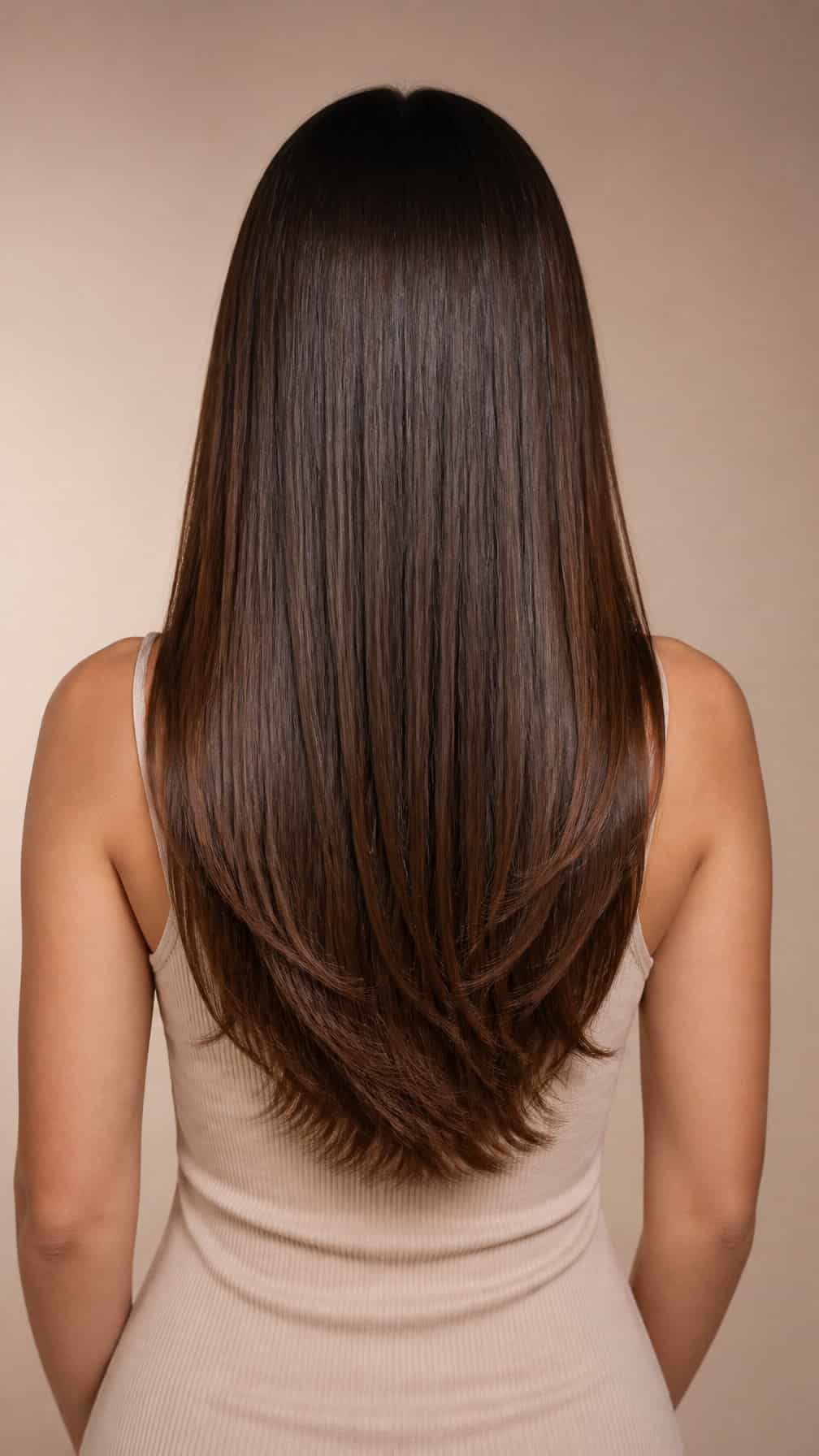 Woman seen from behind with straight, mid-back-length hair and softly textured ends.