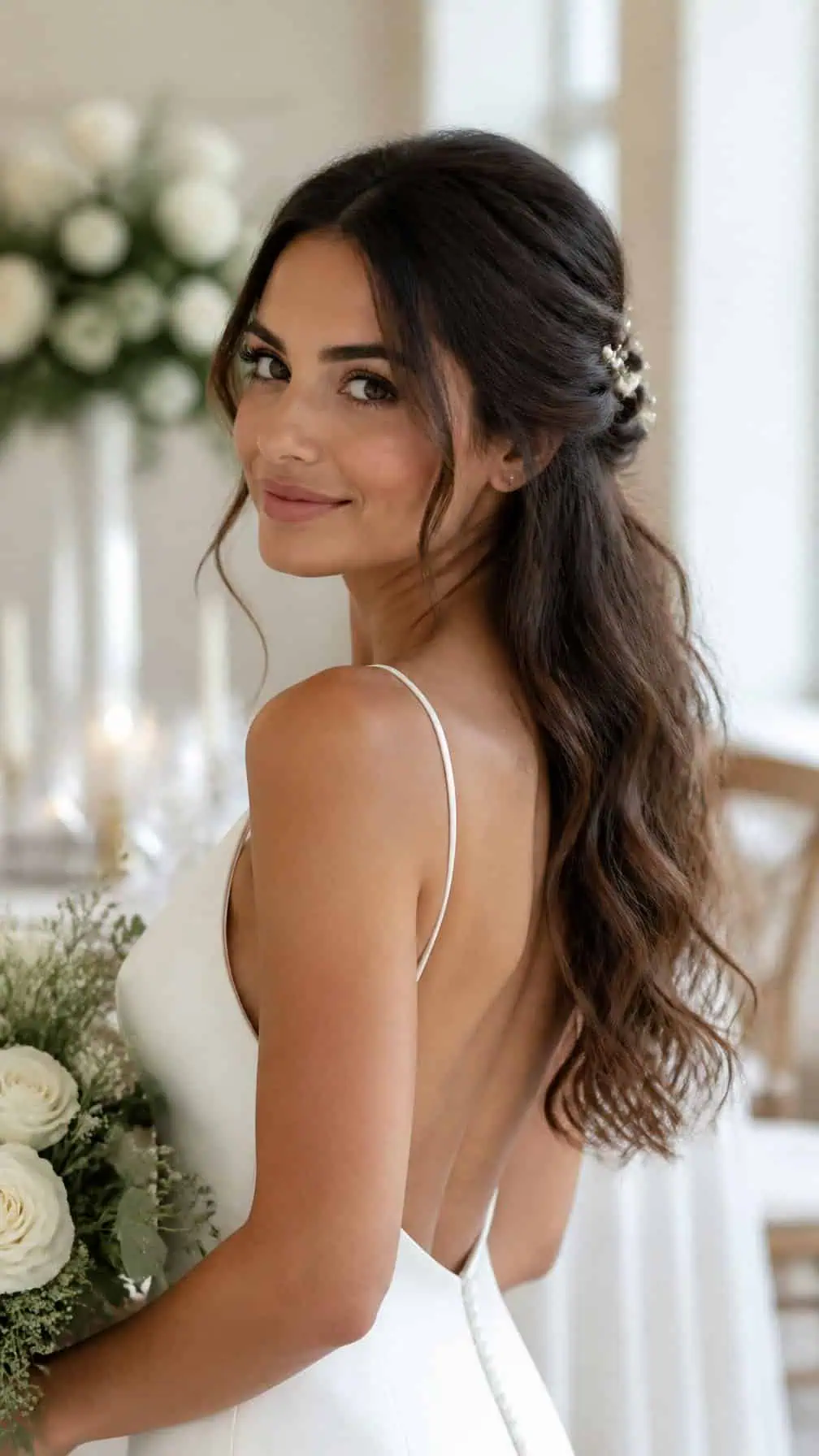 A bride with softly waved hair styled half up, wearing an ivory wedding dress in a bright wedding setting.