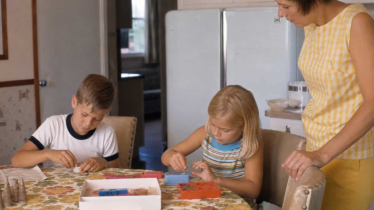 15 TV Commercials from Our Childhood That Would Be Banned Today 3 Children using a supervised toy-making set in the late 1960s