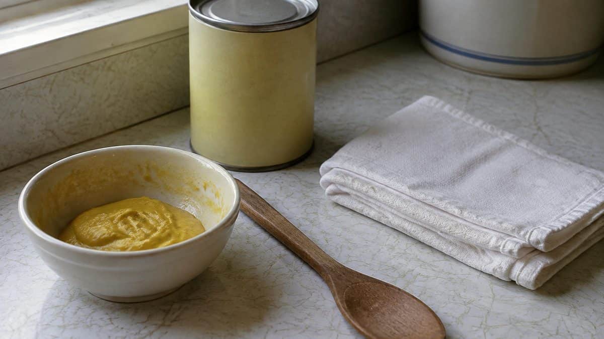 Home Remedies Every '60s Mom Swore By 5 Close-up of real hands mixing mustard powder and water in a small bowl