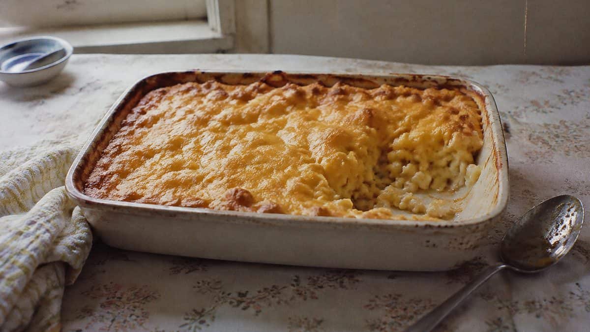 12 Comfort Foods That Taste Better Made the Old-Fashioned Way 2 Homemade macaroni and cheese in a baking dish