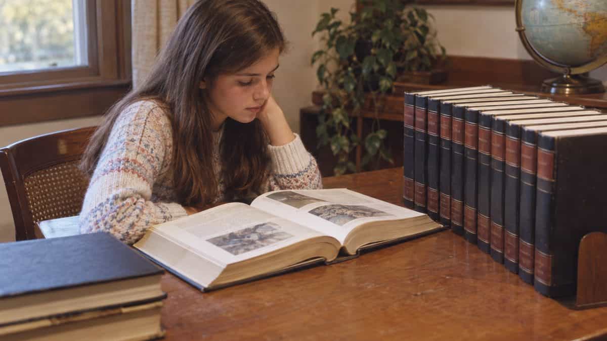 14 Things Teachers Swore We'd Need That We Haven't Used Since 1975 11 Student looking up information in a physical encyclopedia set