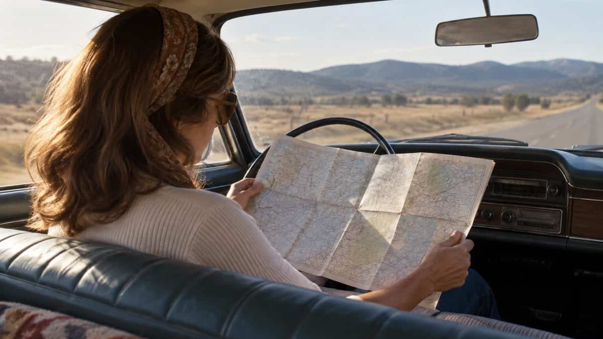 14 Things Teachers Swore We'd Need That We Haven't Used Since 1975 12 Person unfolding a paper road map in a vintage car