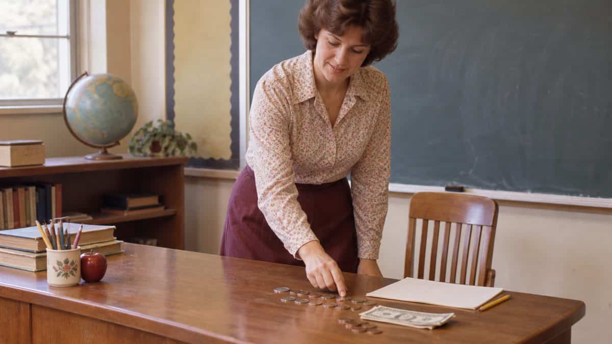 14 Things Teachers Swore We'd Need That We Haven't Used Since 1975 13 Teacher demonstrating making change with real coins in a vintage classroom