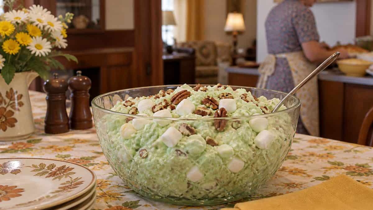 18 Church Potluck Recipes That Nobody Makes Anymore 2 Green Watergate salad with marshmallows and pecans.