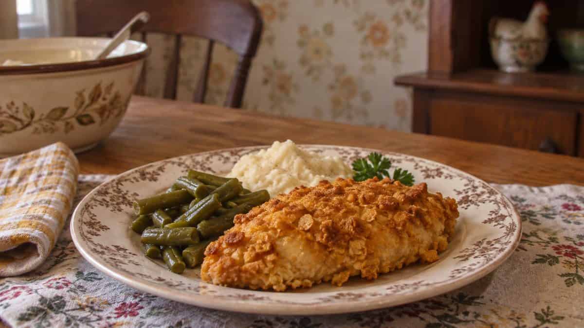 18 Church Potluck Recipes That Nobody Makes Anymore 14 Cornflake chicken on a vintage plate