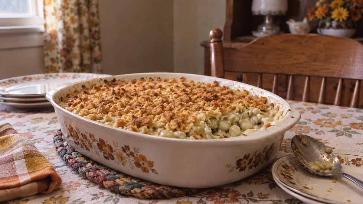 18 Church Potluck Recipes That Nobody Makes Anymore 16 Lima bean casserole in a vintage dish