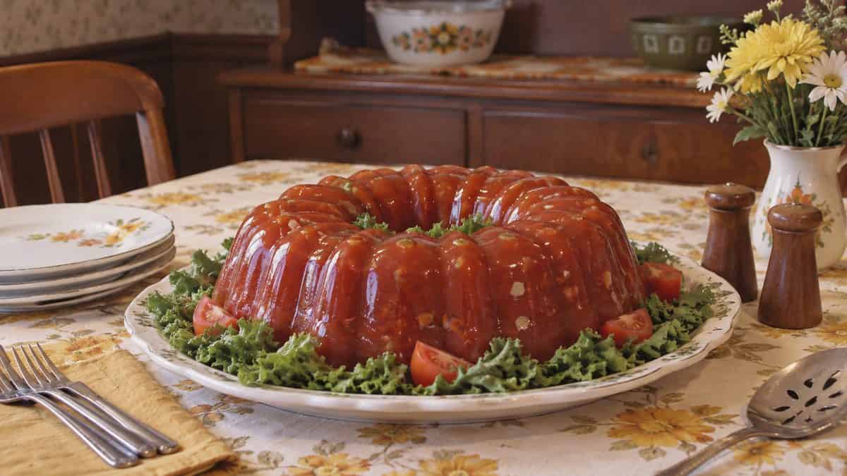18 Church Potluck Recipes That Nobody Makes Anymore 5 Vintage tomato aspic ring on a serving platter.