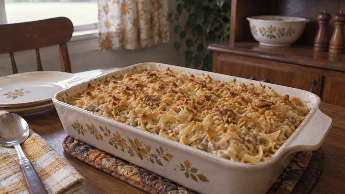 18 Church Potluck Recipes That Nobody Makes Anymore 6 Baked tuna noodle casserole with distinct noodles and crispy topping.