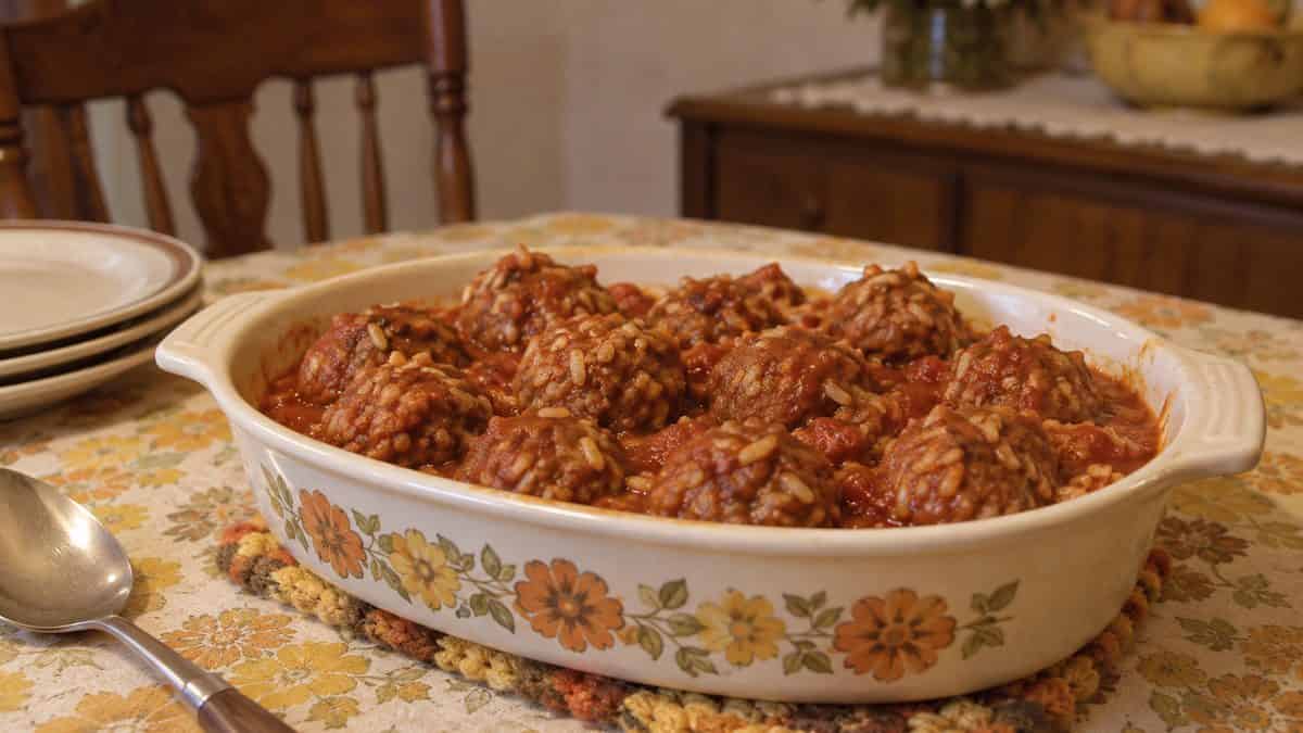18 Church Potluck Recipes That Nobody Makes Anymore 10 Porcupine meatballs in a serving dish