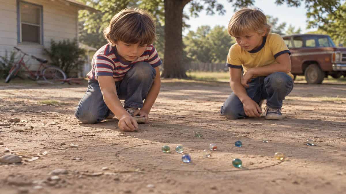 Before Screens: How We Entertained Ourselves 8 Kids playing marbles on dirt