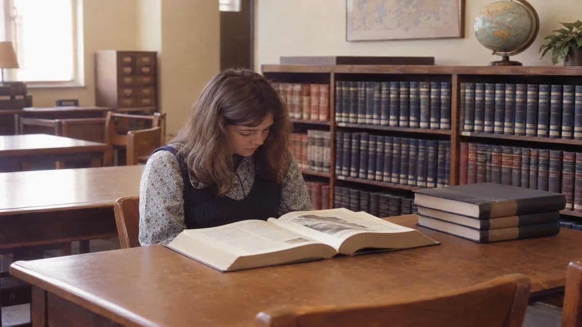 17 Life Skills We Learned Without the Internet That Made Us Smarter 17 Genuine vintage photo of a student in a library or classroom looking at an encyclopedia or reference book.