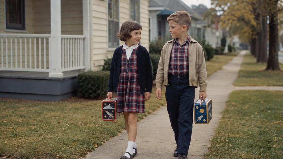Children with metal space lunch boxes