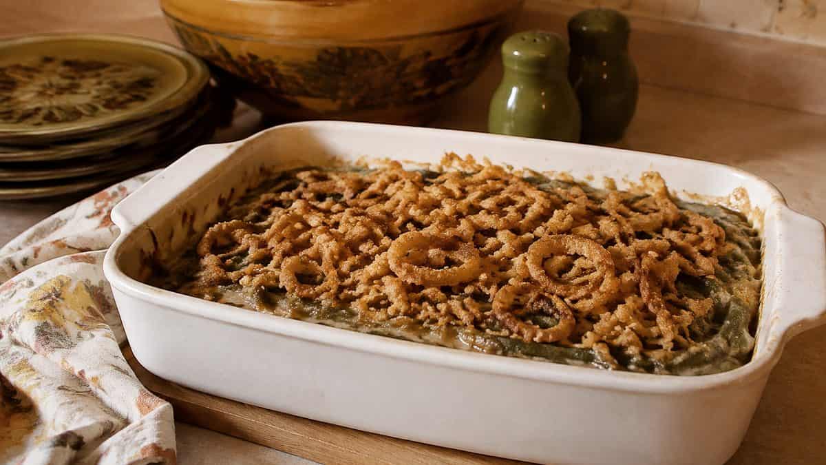 School Cafeteria Food from the '70s We Secretly Loved 11 Green bean casserole in a standard baking dish