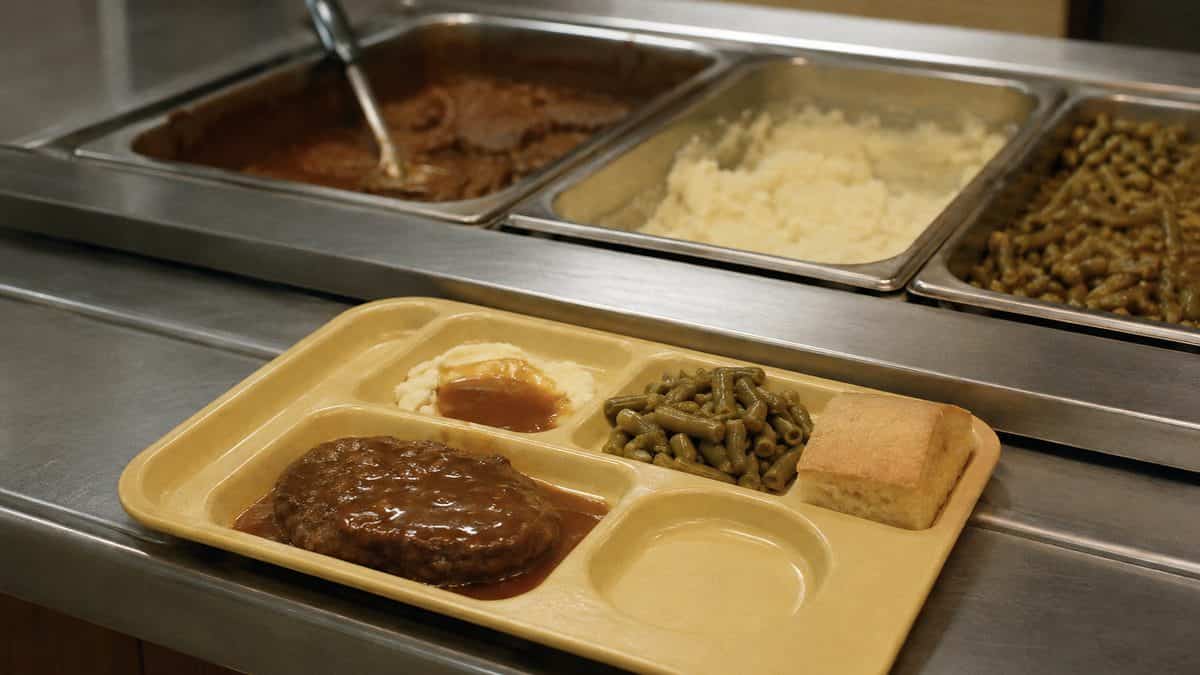 School Cafeteria Food from the '70s We Secretly Loved 13 1970s school cafeteria serving Salisbury steak.
