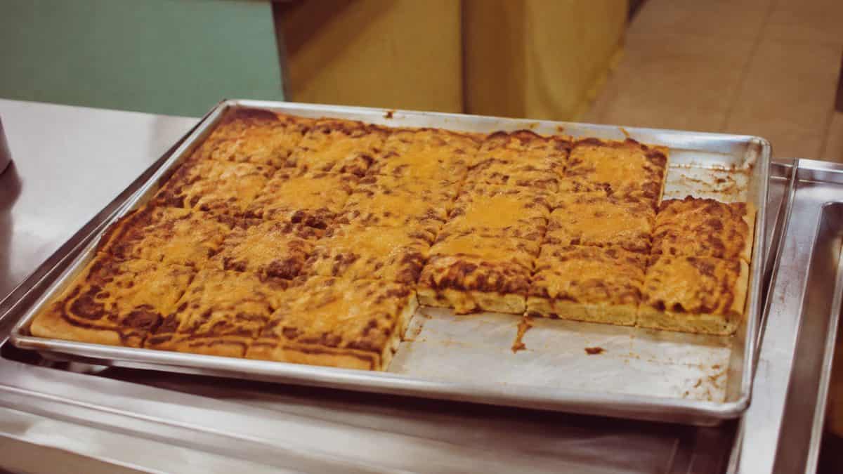 School Cafeteria Food from the '70s We Secretly Loved 14 Classic rectangular school cafeteria pizza or Mexican pizza.