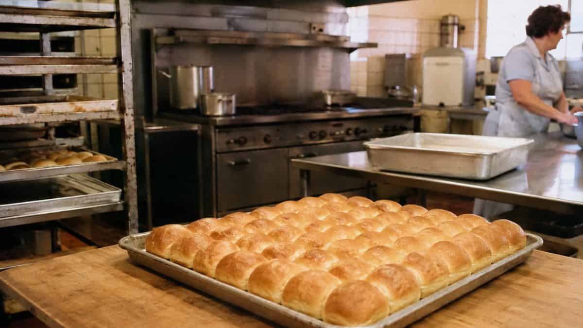 School Cafeteria Food from the '70s We Secretly Loved 3 Realistic photo of a standard 1970s school cafeteria kitchen with yeast rolls.