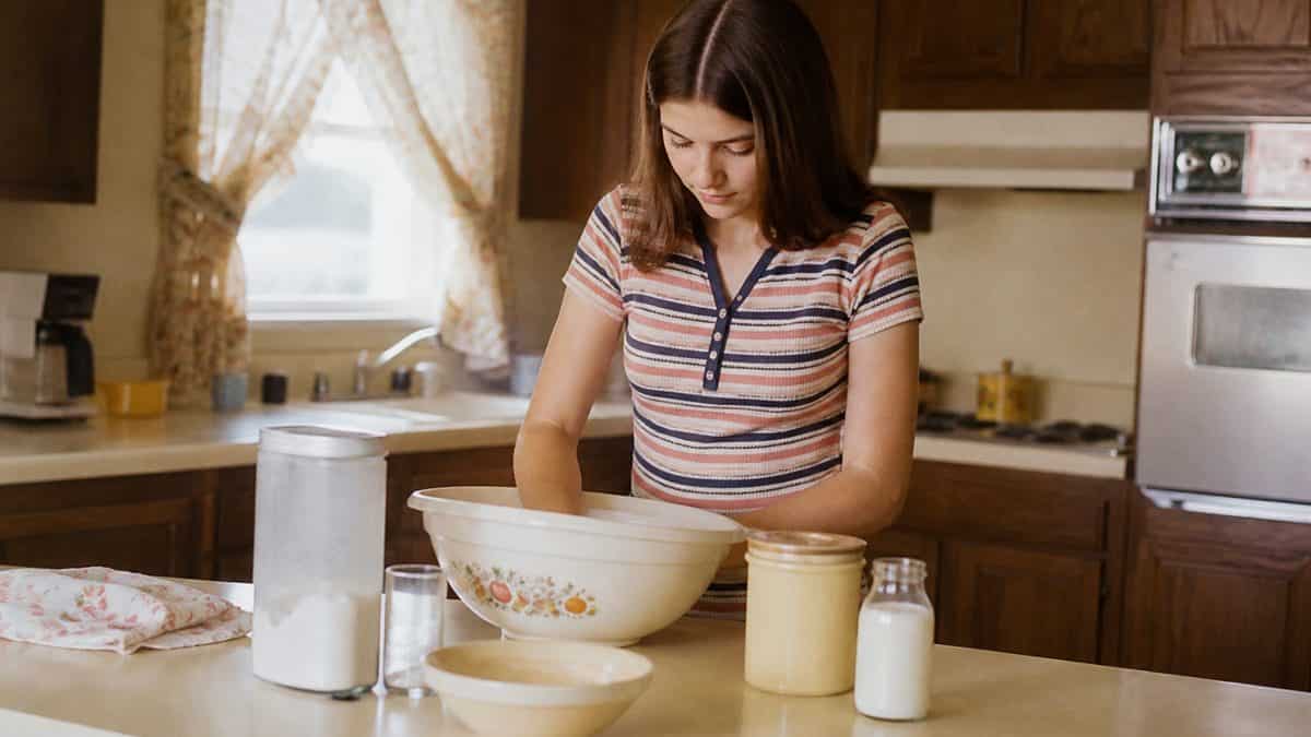 12 Basic Life Skills We Learned in Home Economics That Kids Don't Learn Today 6 Student mixing ingredients in a home economics kitchen.