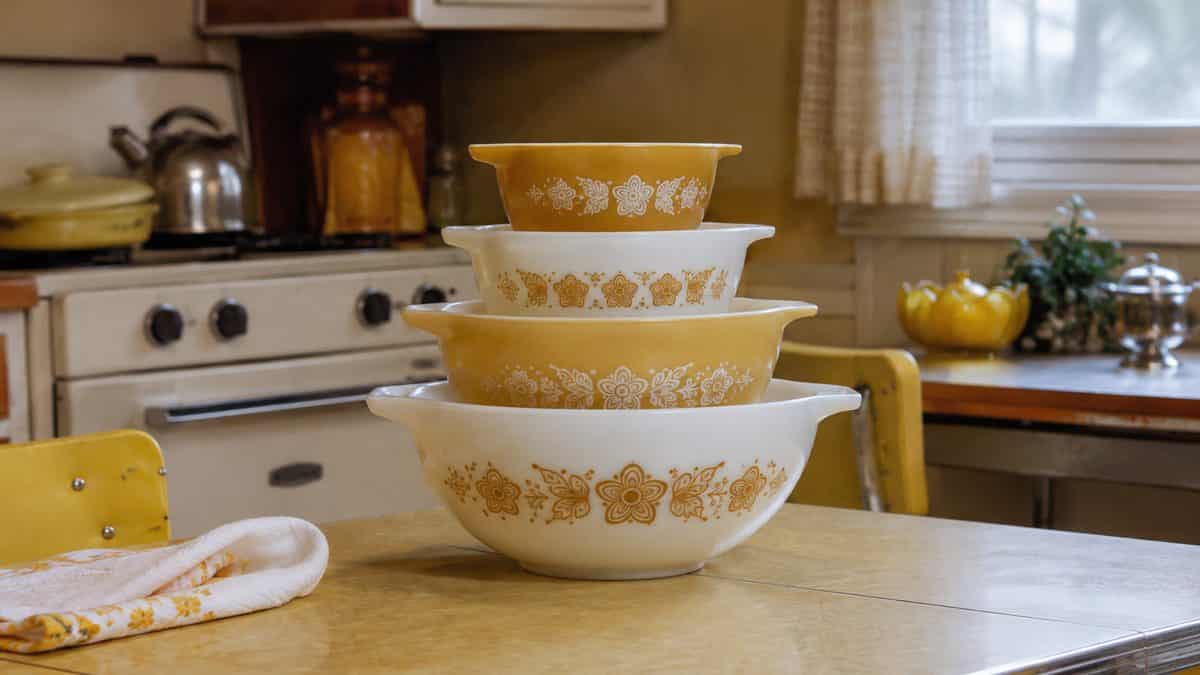 Retro Home Decorations That Are Surprisingly Valuable Now 5 Vintage Pyrex bowls in a retro kitchen setting
