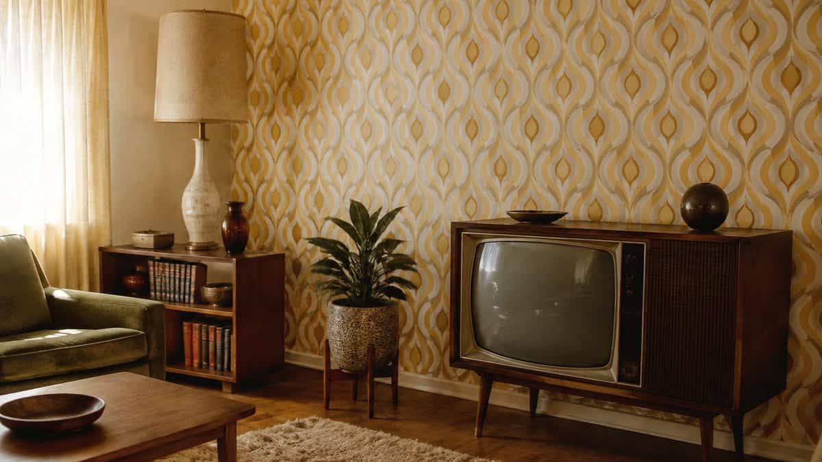 Retro Home Decorations That Are Surprisingly Valuable Now 7 1970s living room featuring bold geometric wallpaper